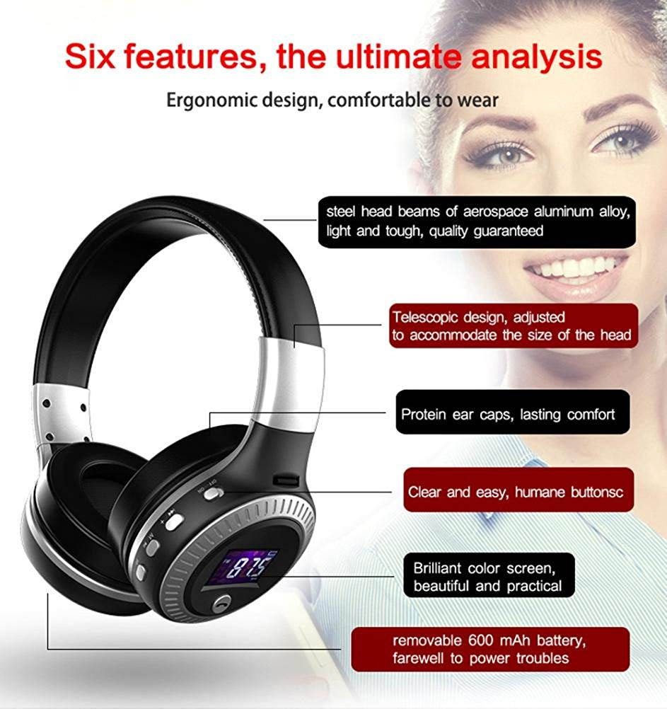 B19 Bluetooth Headphones for Mobile Phone/Tablet PC/Notebook, Over-Ear Microphone Wireless Headphones LCD Display with Mic FM Radio