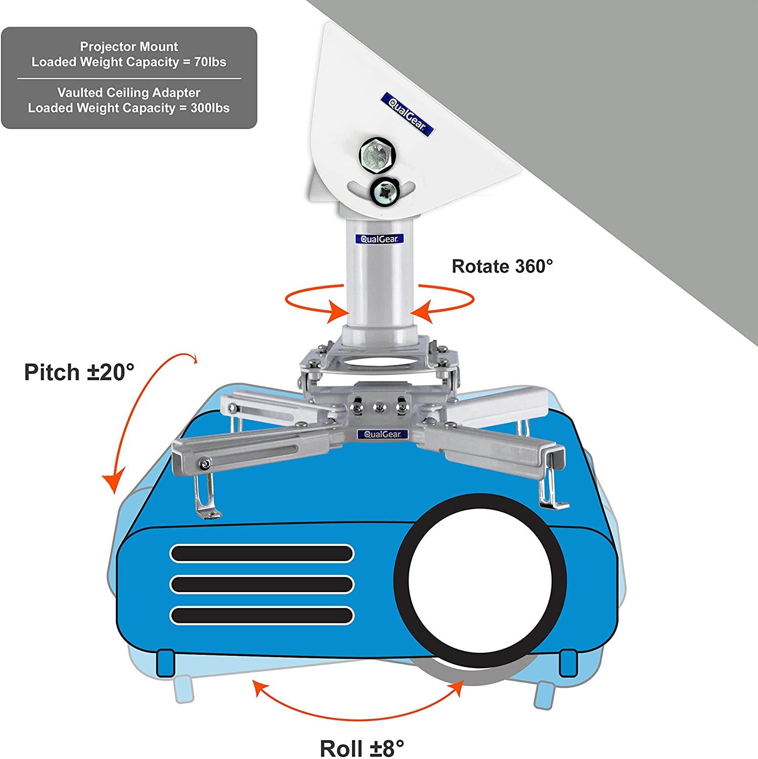 QualGear QG-PRO-PM-VCA-W Pro-AV Suspended Ceiling Adapter for 1.5", 6" X2', Adjustable Projector Accessory