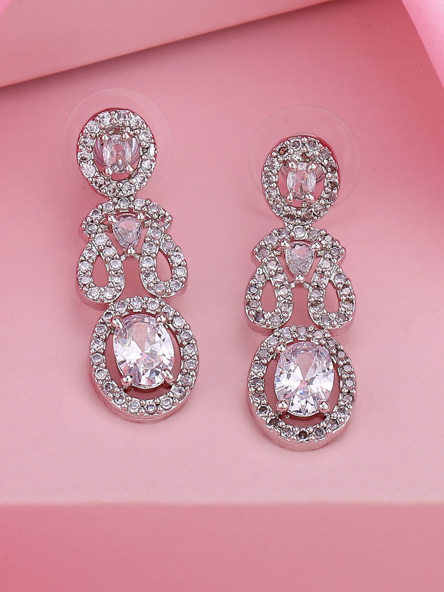 Estele Rhodium-Plated CZ Exquisite Dangler Earrings