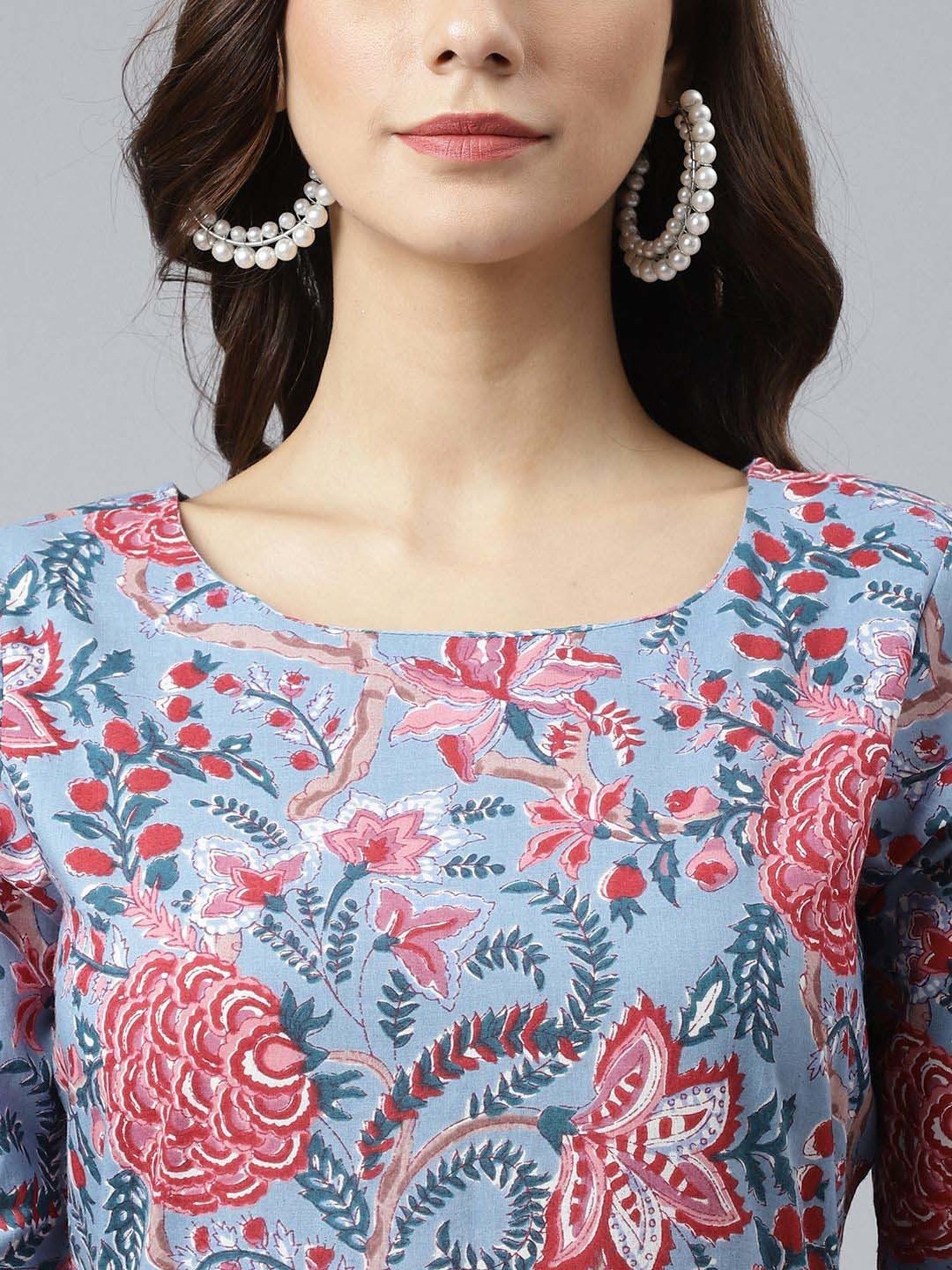 Janasya Blue Cotton Floral Print A-Line Dress