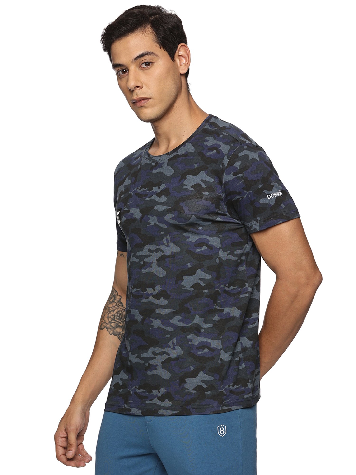 DOMIN8 Men Cotton Regular Fit Round Neck Camouflage Blue Sports T-Shirt