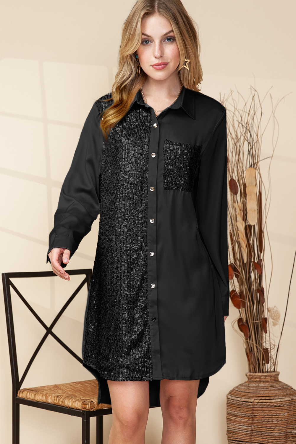 Cheetah Casual Long Sleeve Button Up Shirt Dress
