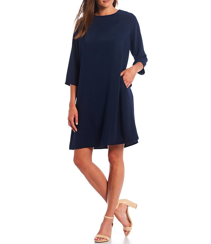 Caroline Rose Matte Crepe Crew Neck 3/4 Sleeve Shift Dress