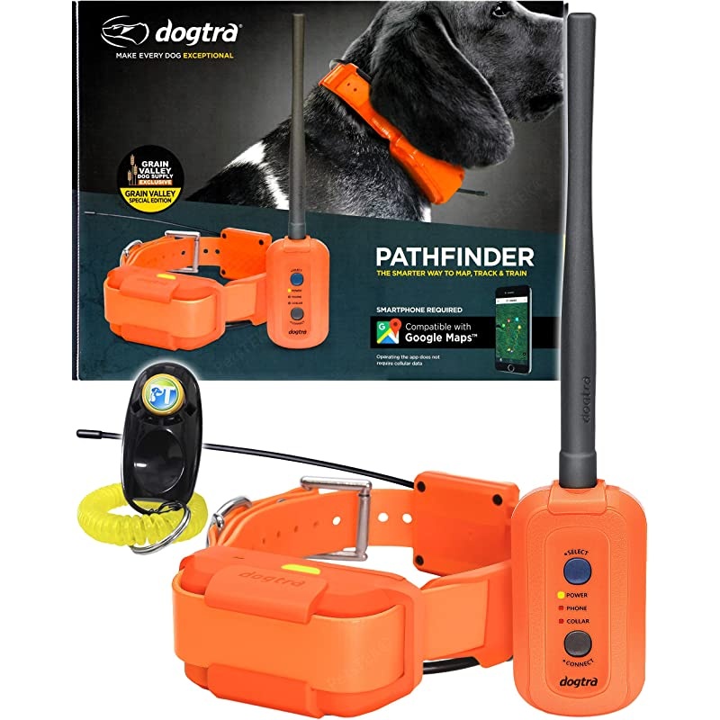 Pathfinder Dog Remote Training and GPS Tracking Collar - 9 Mile Range, Sports Upland Hunting, Waterproof Receiver, Rechargeable, Static, Audible Tone, PetsTEK Trainer Clicker - Orange Edition
