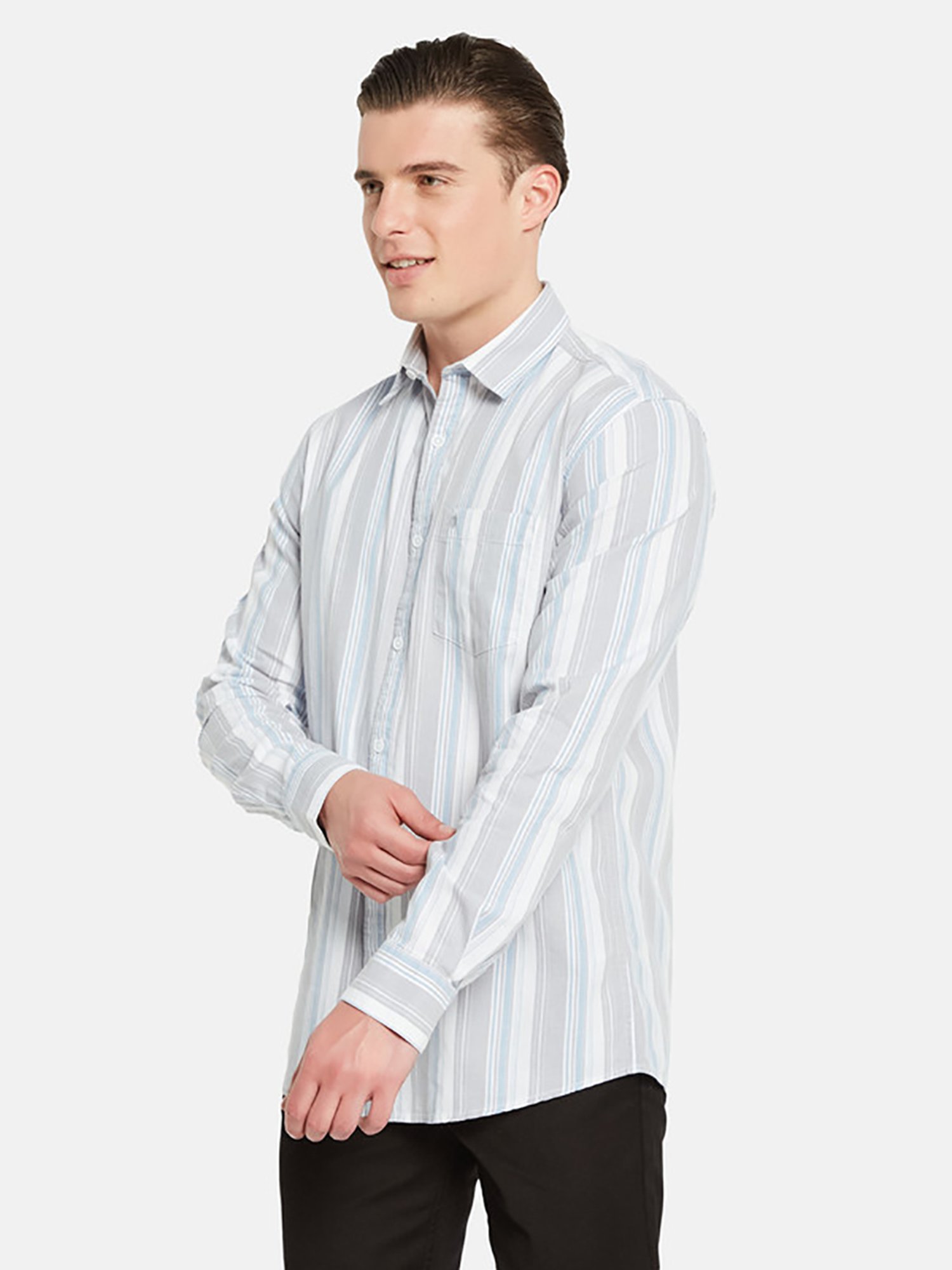 METTLE Grey Regular Fit Striped Shirt