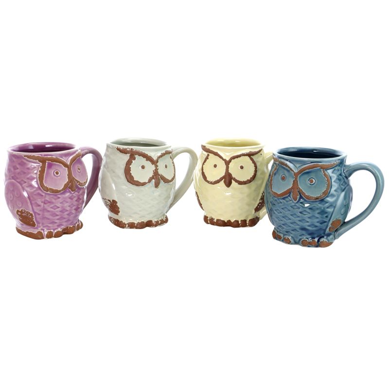 Gibson 4 Piece Nocturnal Gaze 18 Ounce Stoneware Owl Mug Set in Assorted Colors