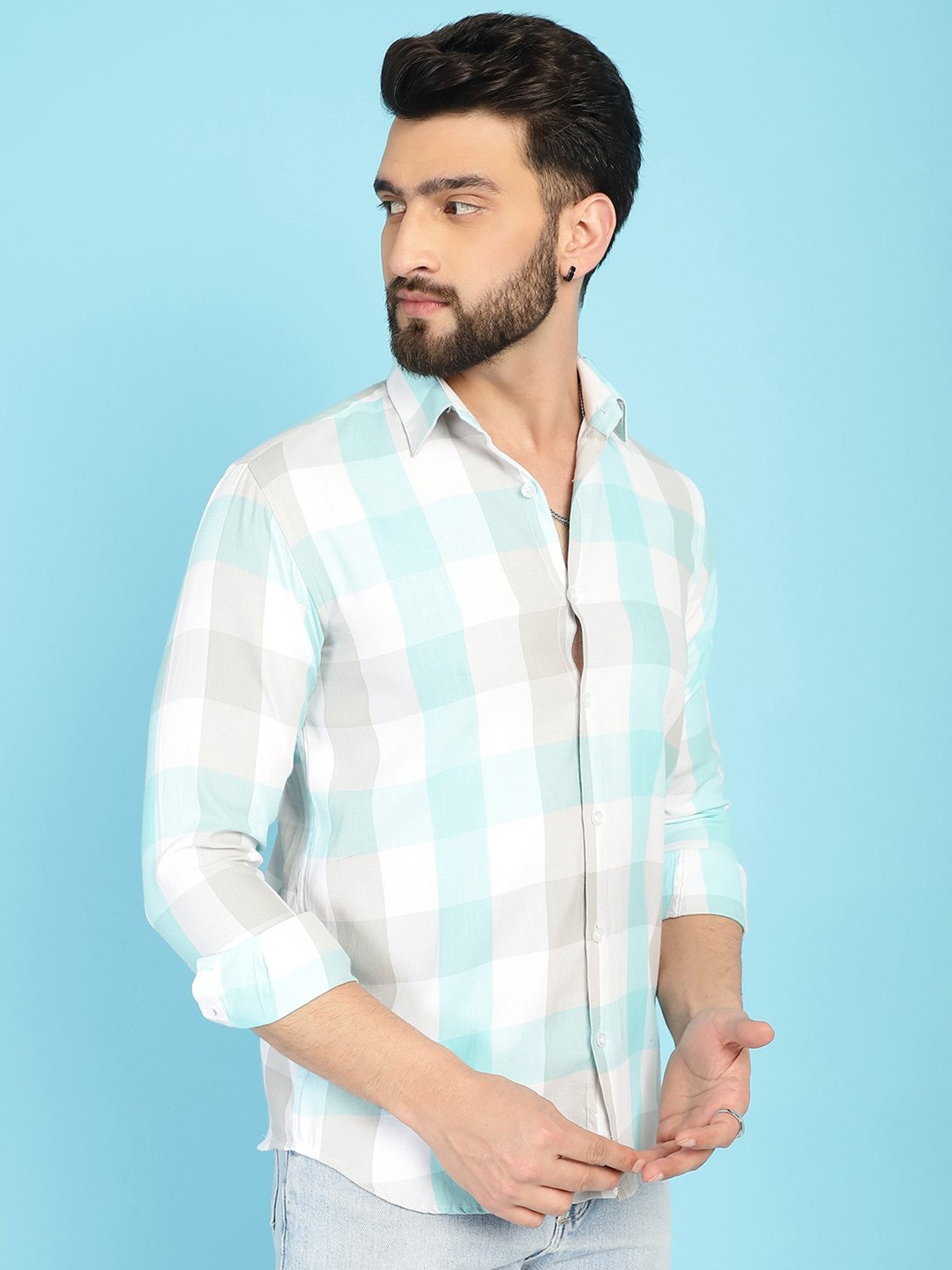 Indian Needle Sky Blue Regular Fit Check Cotton Shirt