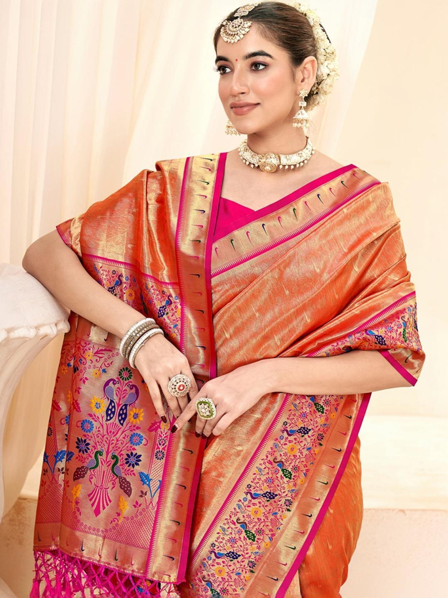 Satrani Orange & Pink Woven Saree With Unstitched Blouse