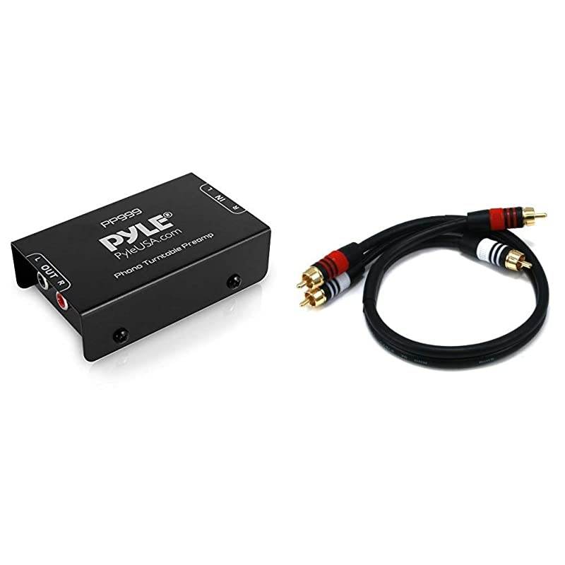 Phono Turntable Preamp - Mini Electronic Audio Stereo Phonograph Preamplifier & Operation Powered by 12 Volt DC Adapter & Monoprice 1.5ft Premium 2 RCA Plug/2 RCA Plug M/M 22AWG Cable - Black