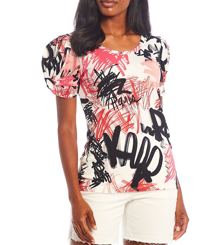 KARL LAGERFELD PARIS Graffiti Logo Print Knotted Jewel Neck Short Sleeve Blouse