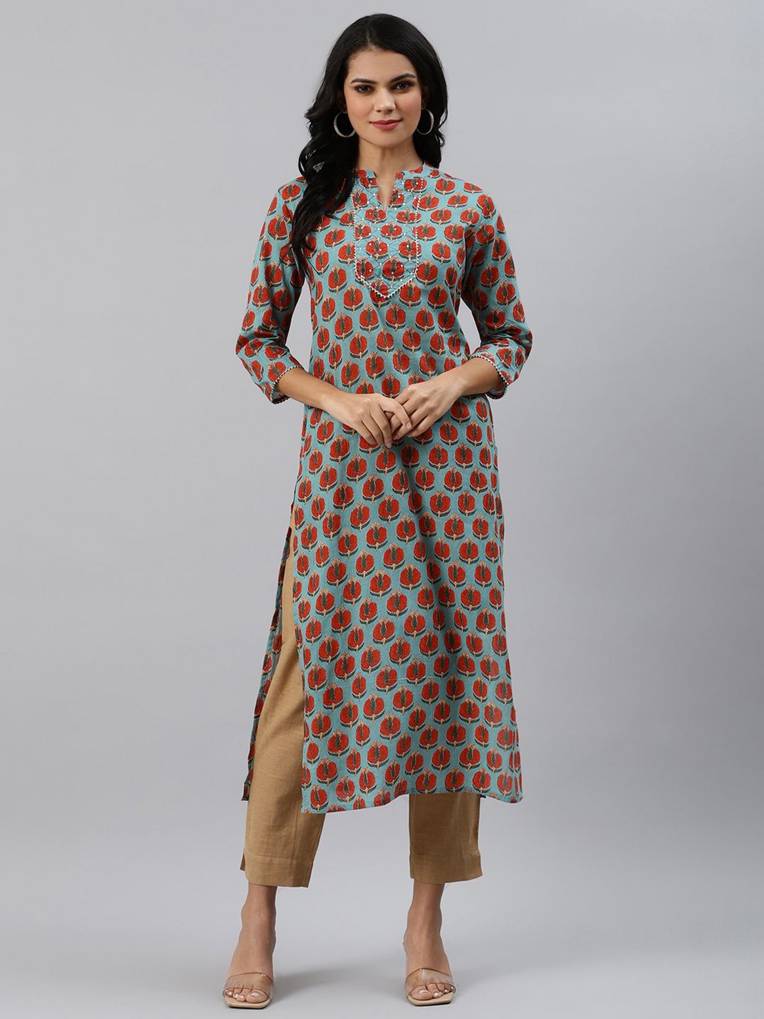 Sringam Green Cotton Embellished Straight Kurta