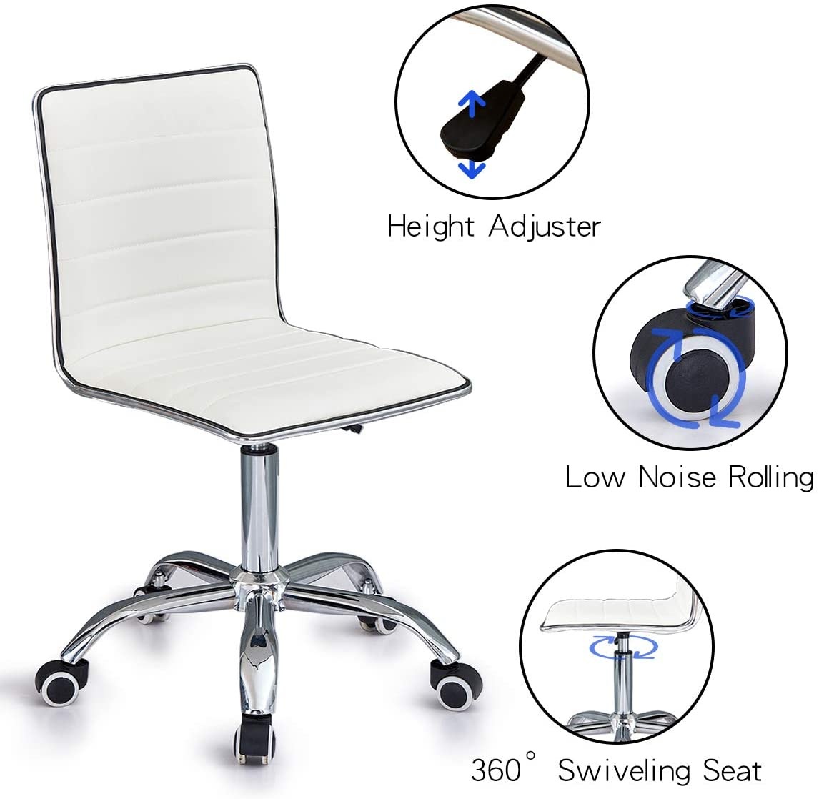 Ribbed Swivel Desk Chair Adjustable Task Chair PU Leather Mid Back Rolling Office Chair with Wheels Padded Task Conference Chair with Backrest for Office Home Computer Without Arms, White