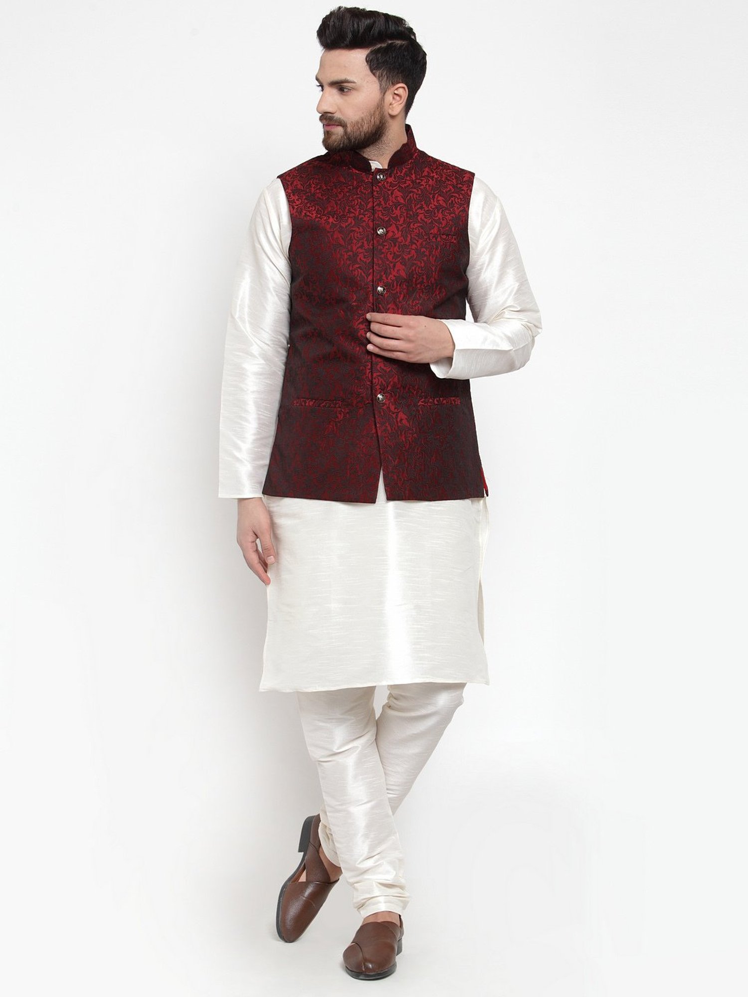 Jompers Maroon Regular Fit Self Design Nehru Jacket