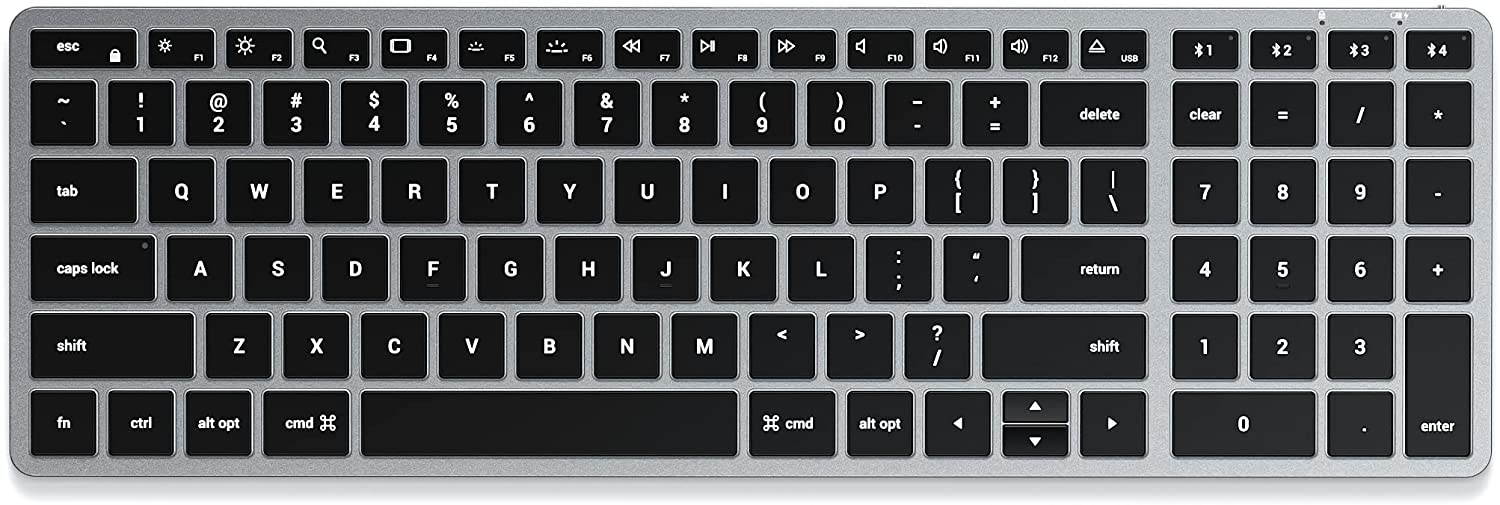 Satechi Slim X2 Bluetooth Backlit Keyboard with Numeric Keypad &ndash; Illuminated Keys & Multi-Device Sync &ndash; Compatible with 2021 iMac, 2020 MacBook Pro, 2021 iPad Pro, 2012 & Newer Mac Devices
