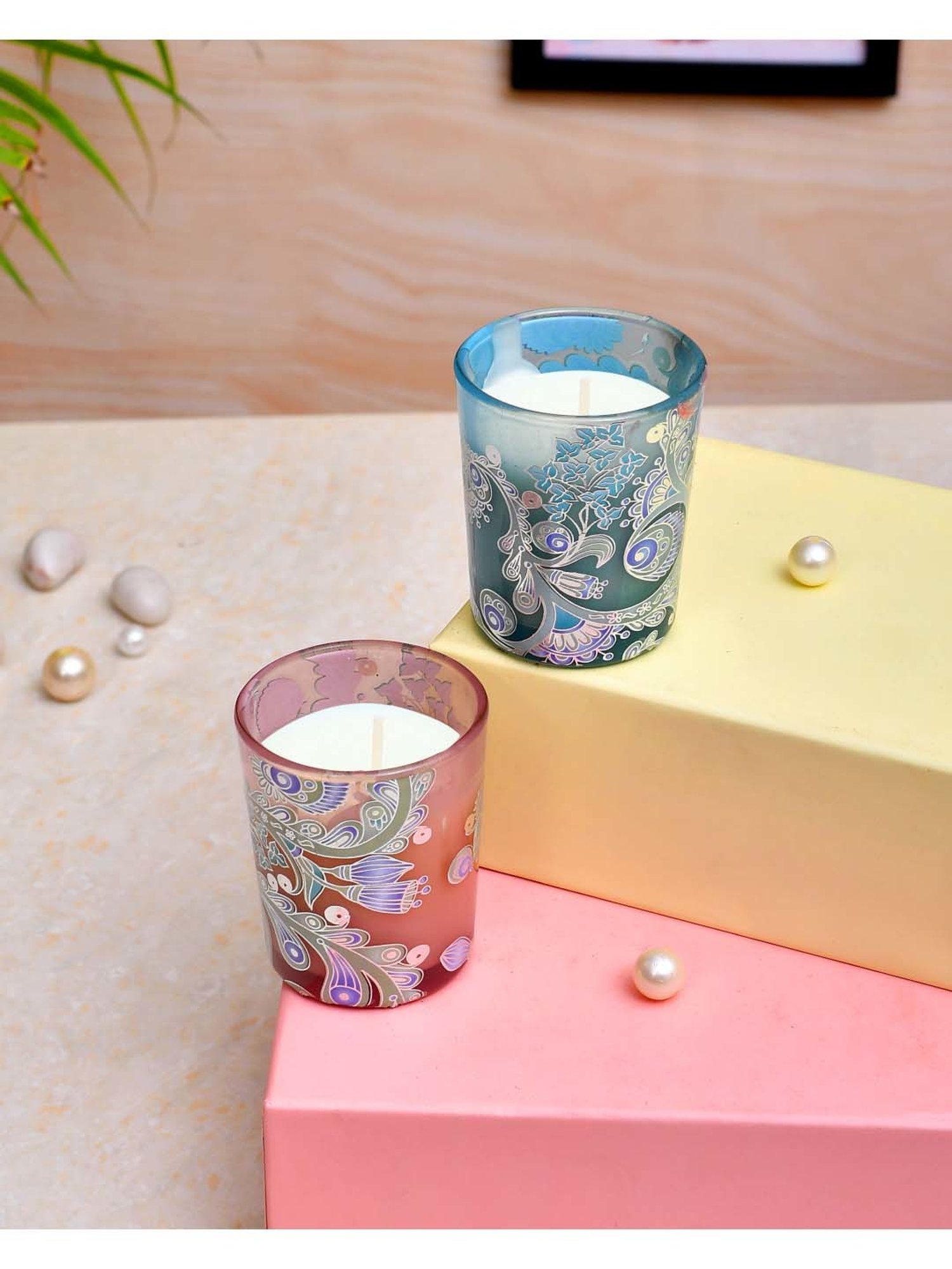 TAYHAA Blue & Peach Wax Illuminated Candle - Set of 2