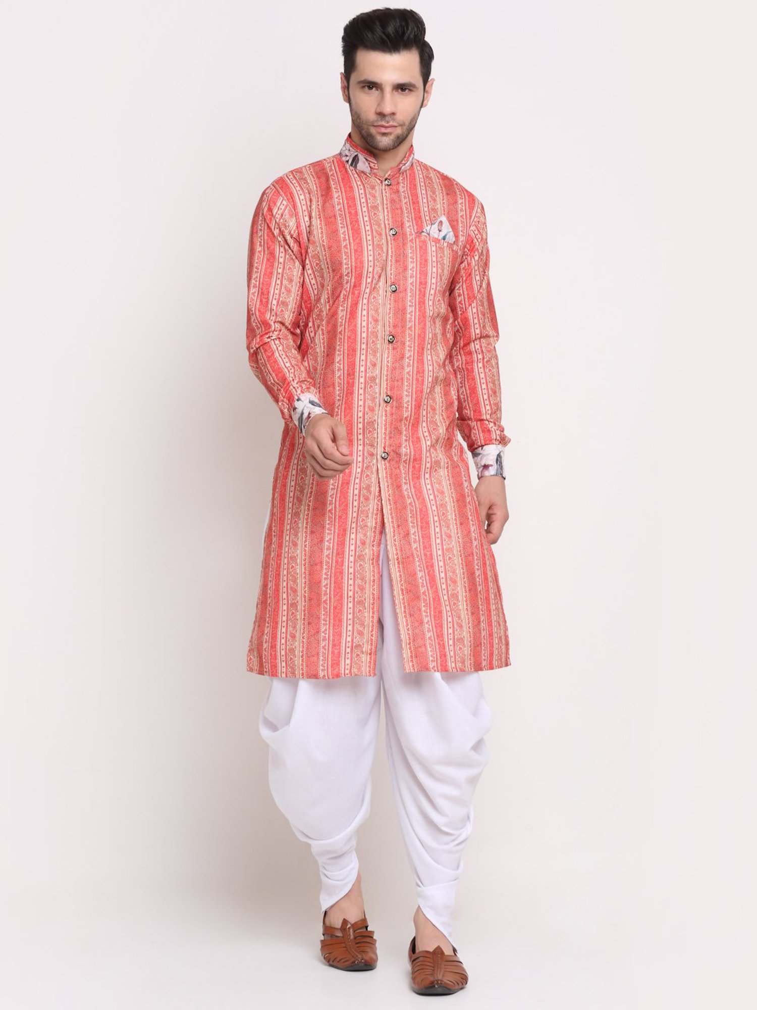 Benstoke Orange & Beige Cotton Regular Fit Printed Sherwani Set