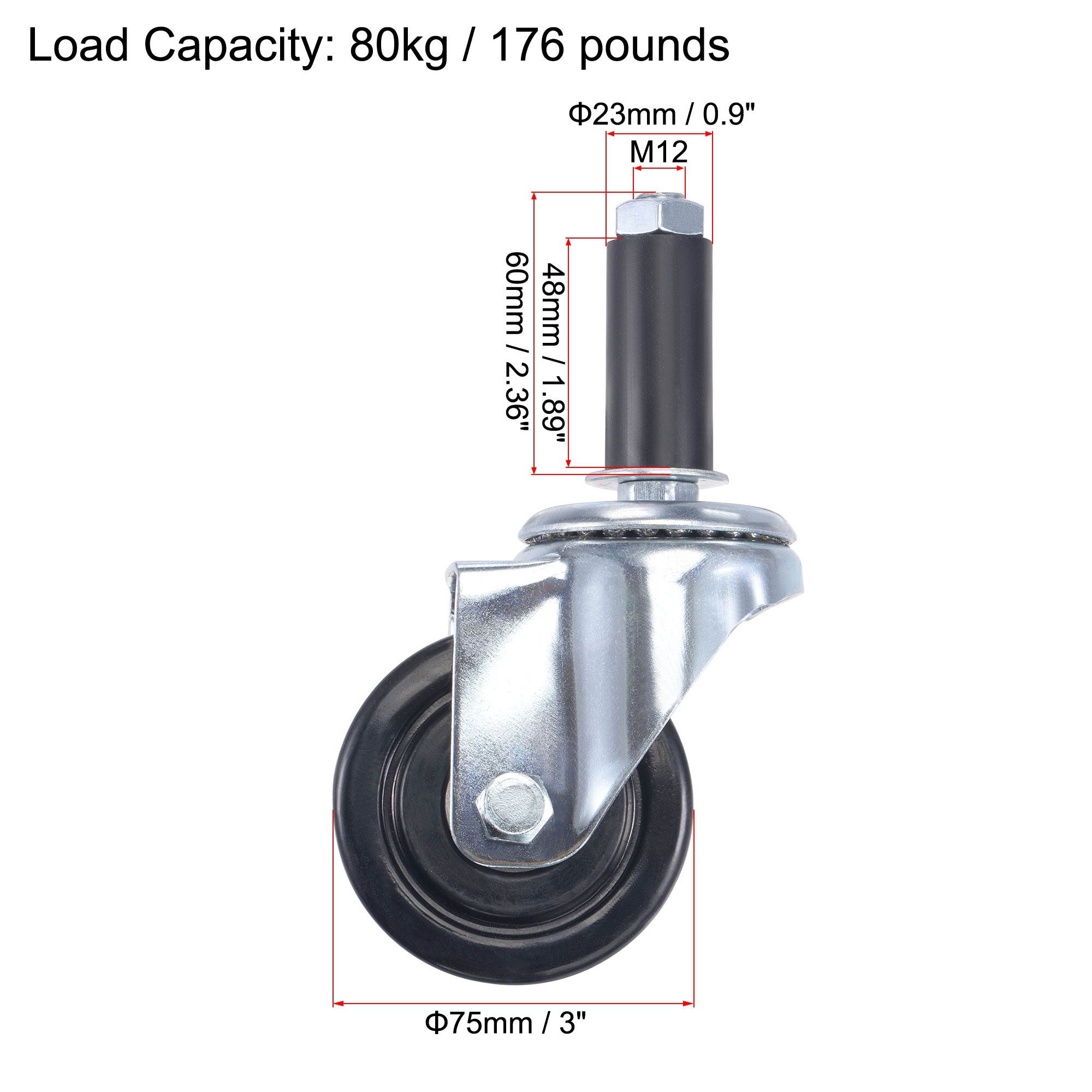 Swivel Expanding Stem Caster 3" Diameter 198Lbs Load Capacity, for Kitchen Prep Tables, Rubber, Black