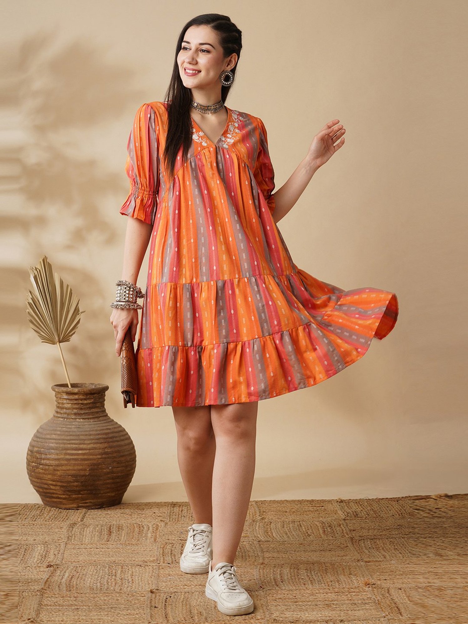 Globus Orange Cotton Embroidered A Line Dress