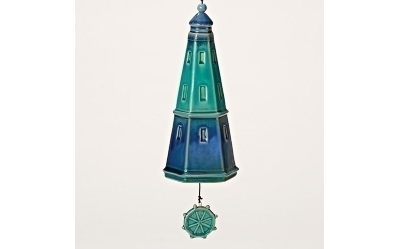 Roman 9.5" Glazed Porcelain Lighthouse Outdoor Patio Garden Bell Wind Chime - Blue