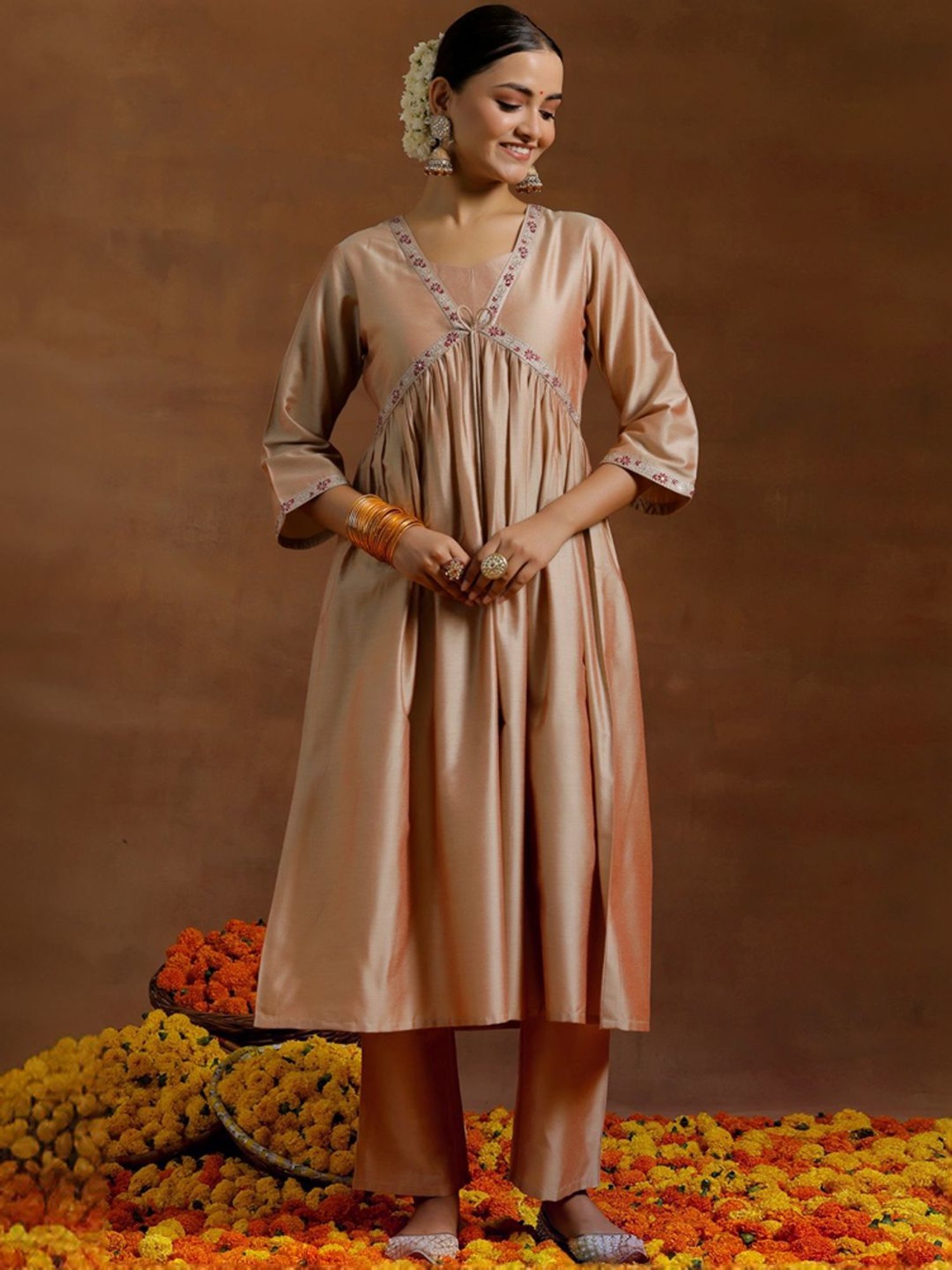 Libas Beige Embroidered Kurta Pant Set