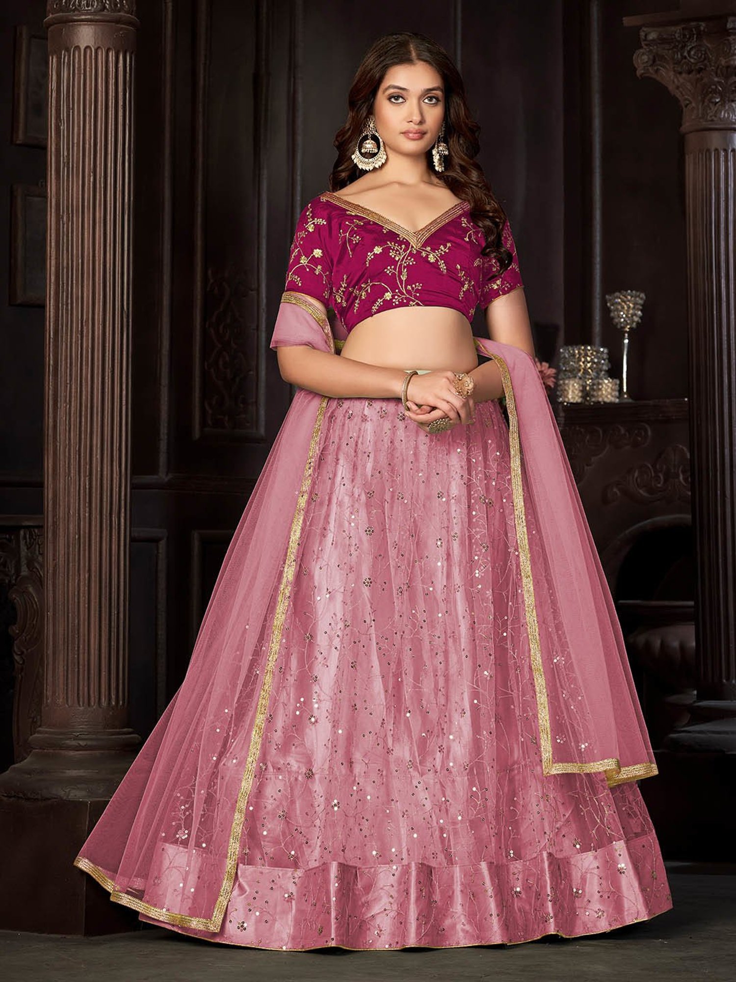 Warthy Ent Pink Embroidered Lehenga Choli Set With Dupatta