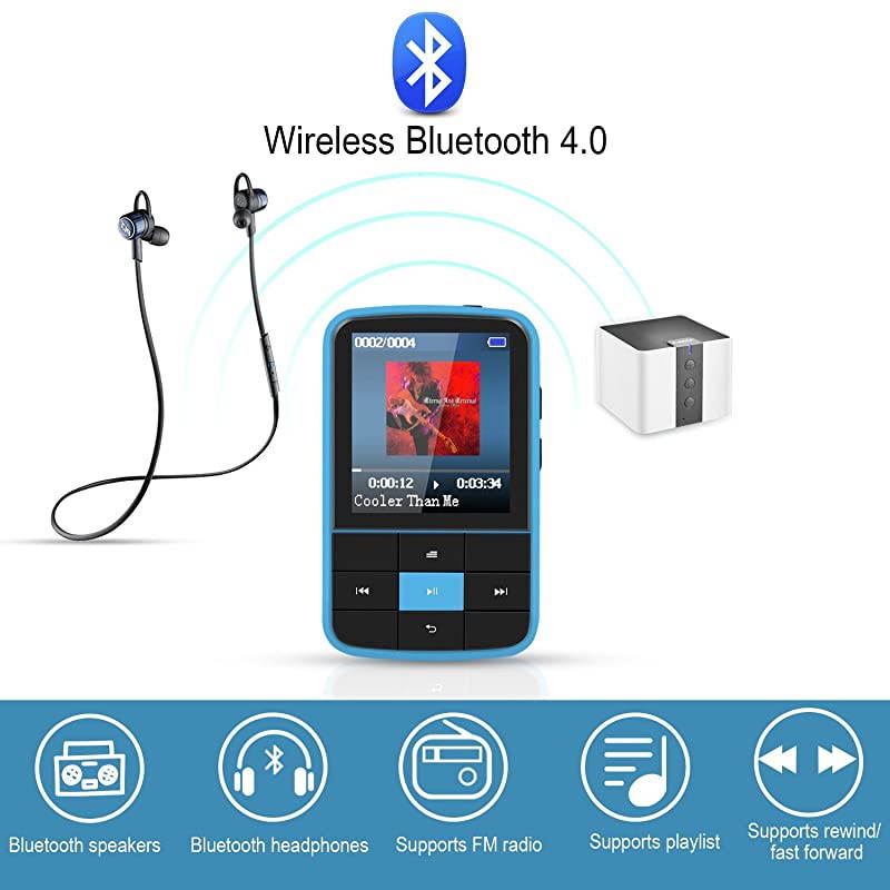 Clip MP3 Player  16GB Bluetooth MP3 Player with Sweatproof Silicone Case and Sport Armband Support FM Radio FM Recording Bookmark Expandable up to 128GB