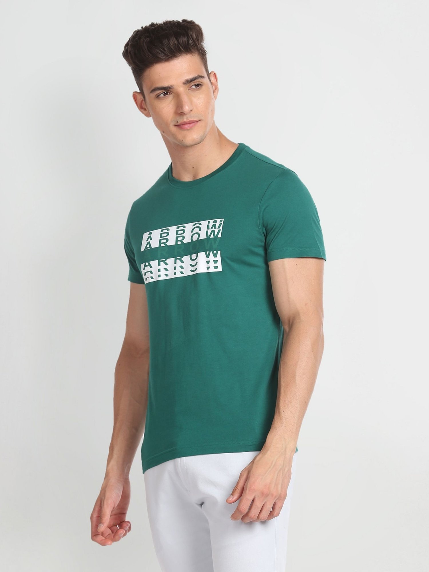 Arrow Sport Dark Green Cotton Regular Fit Printed T-Shirt