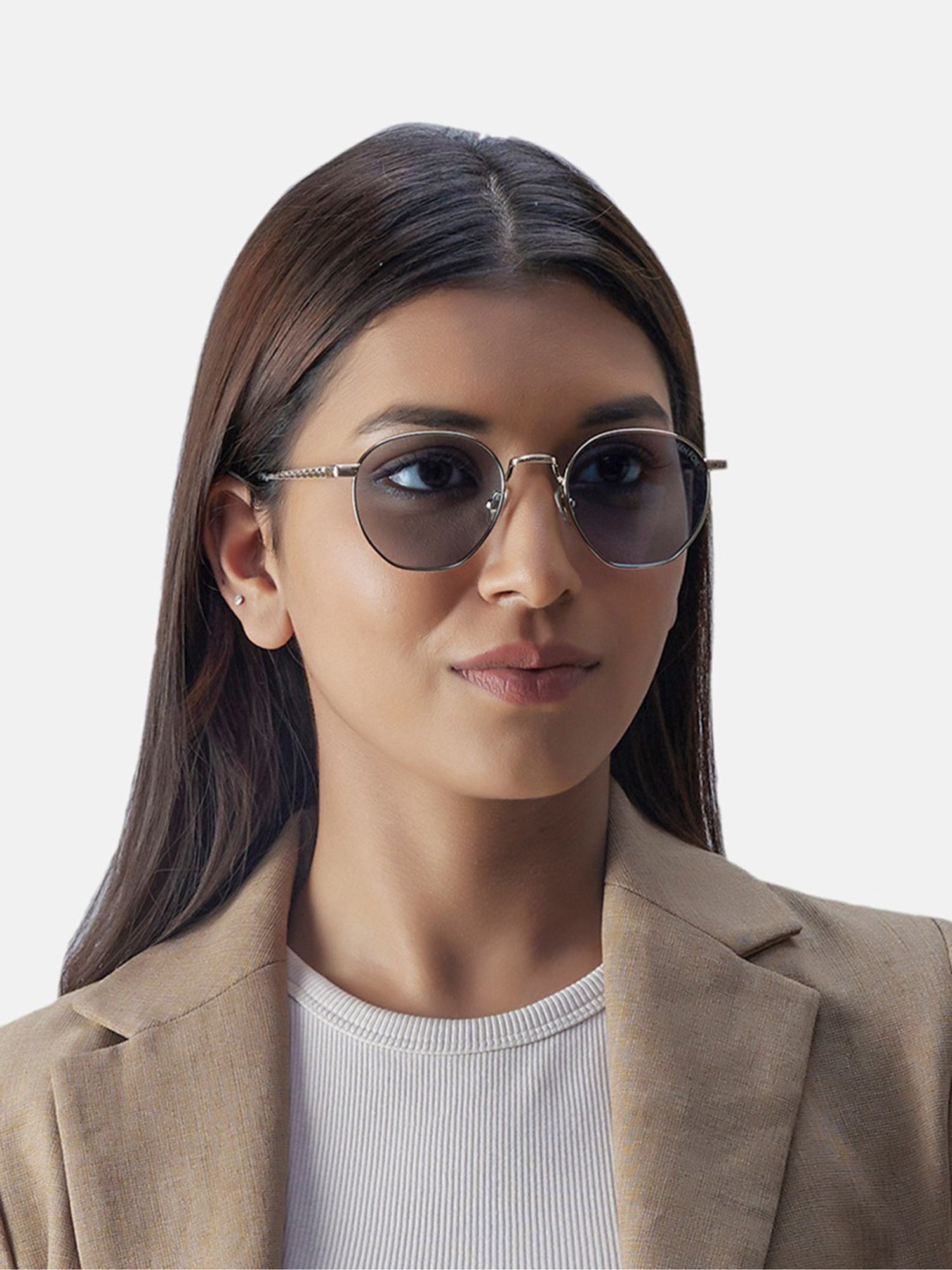 Shisen Fox Tora Light Gold-Light Blue Round Unisex UV Protection Sunglasses -50 mm