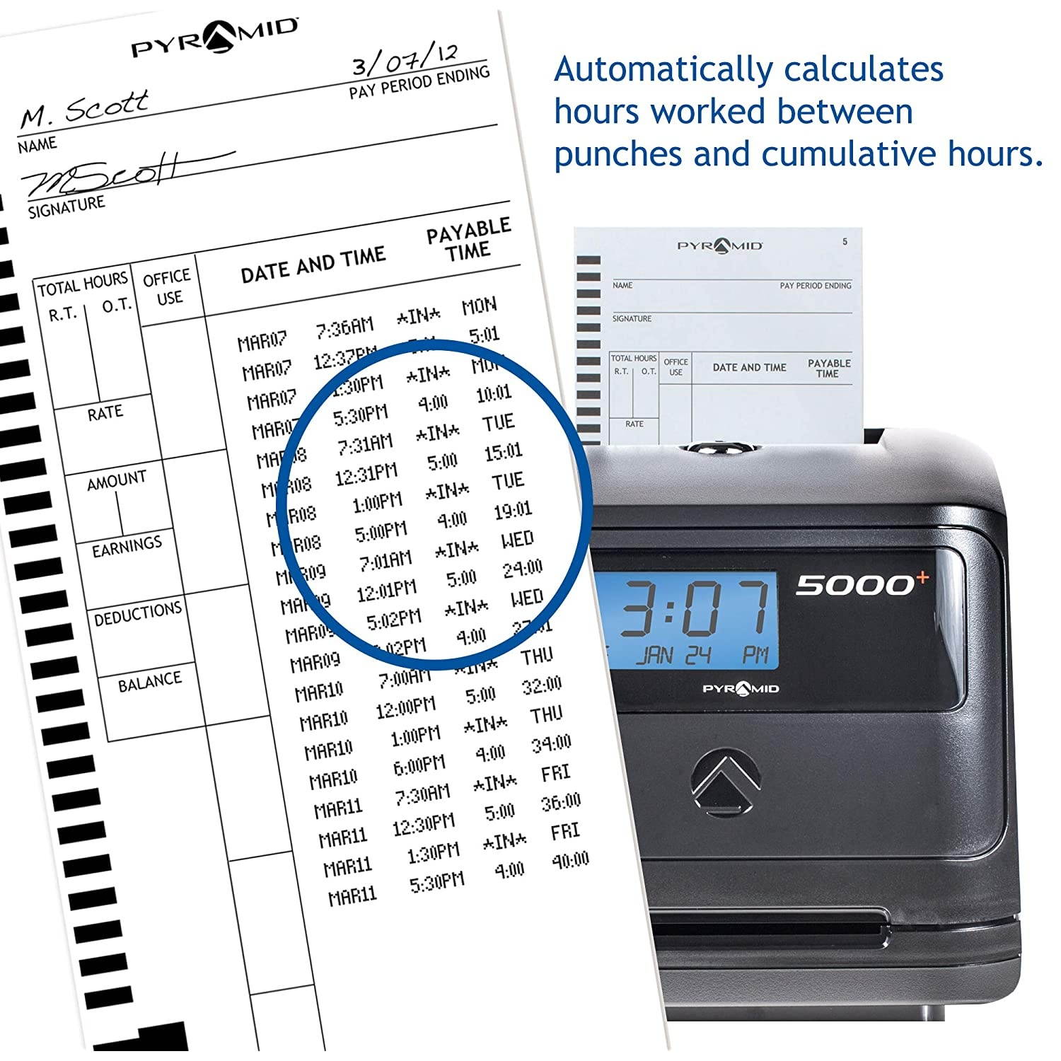 Pyramid Time Systems, Model 5000 Auto Totaling Time Clock, Handles up to 100 Employees, Automatically calculates Worked time Between Punches and accumulates Worked Hours per Pay Period, Made in USA