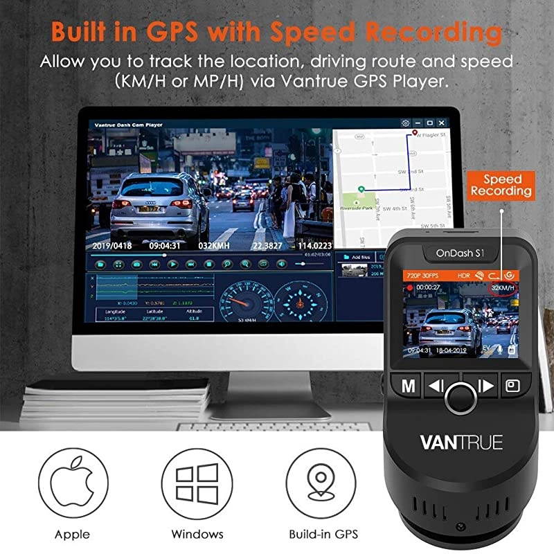 S1 Dual 1080P Dash Cam Front and Rear Built in GPS Speed Dash Camera 2880x 2160P Single Front Super Capacitor Low Light Night Vision 24hr Parking Mode Motion Detection Support 256GB Max