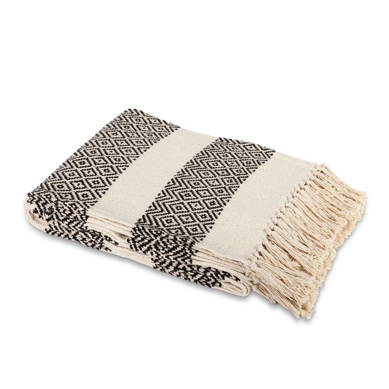 Lone Elm Studios 50"L X 60"W 100% Cotton Throw Blanket, ebony and ivory