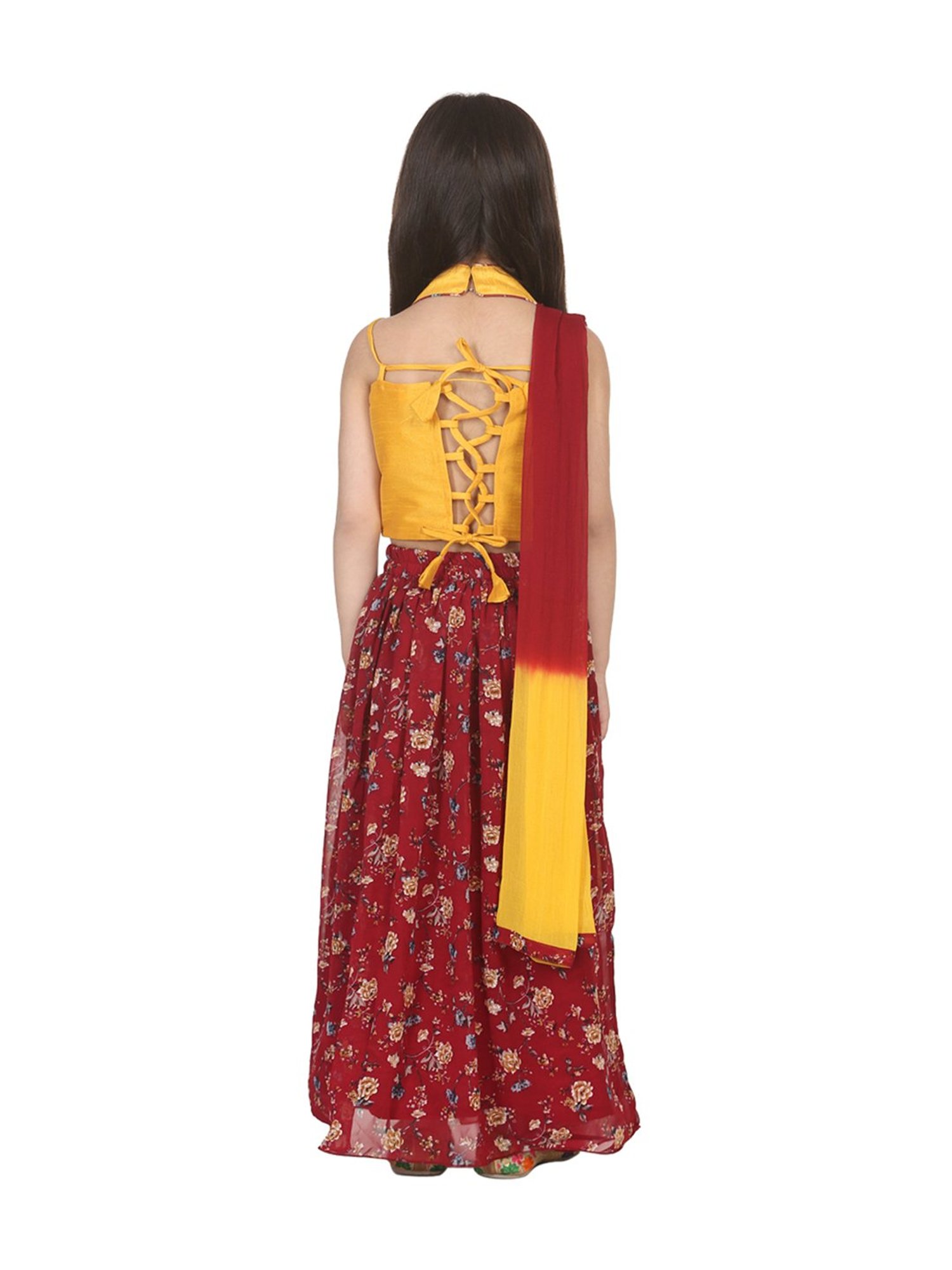 BownBee Kids Maroon & Yellow Printed Lehenga Choli With Dupatta