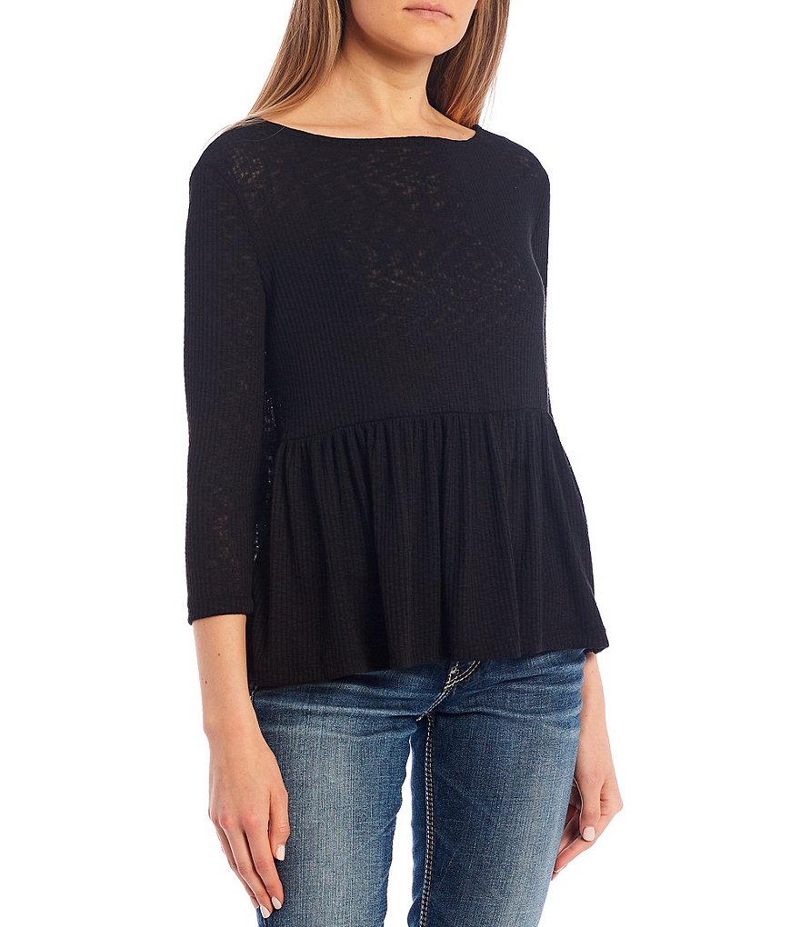 Good Luck Gem 3/4 Sleeve Ribbed Peplum Top