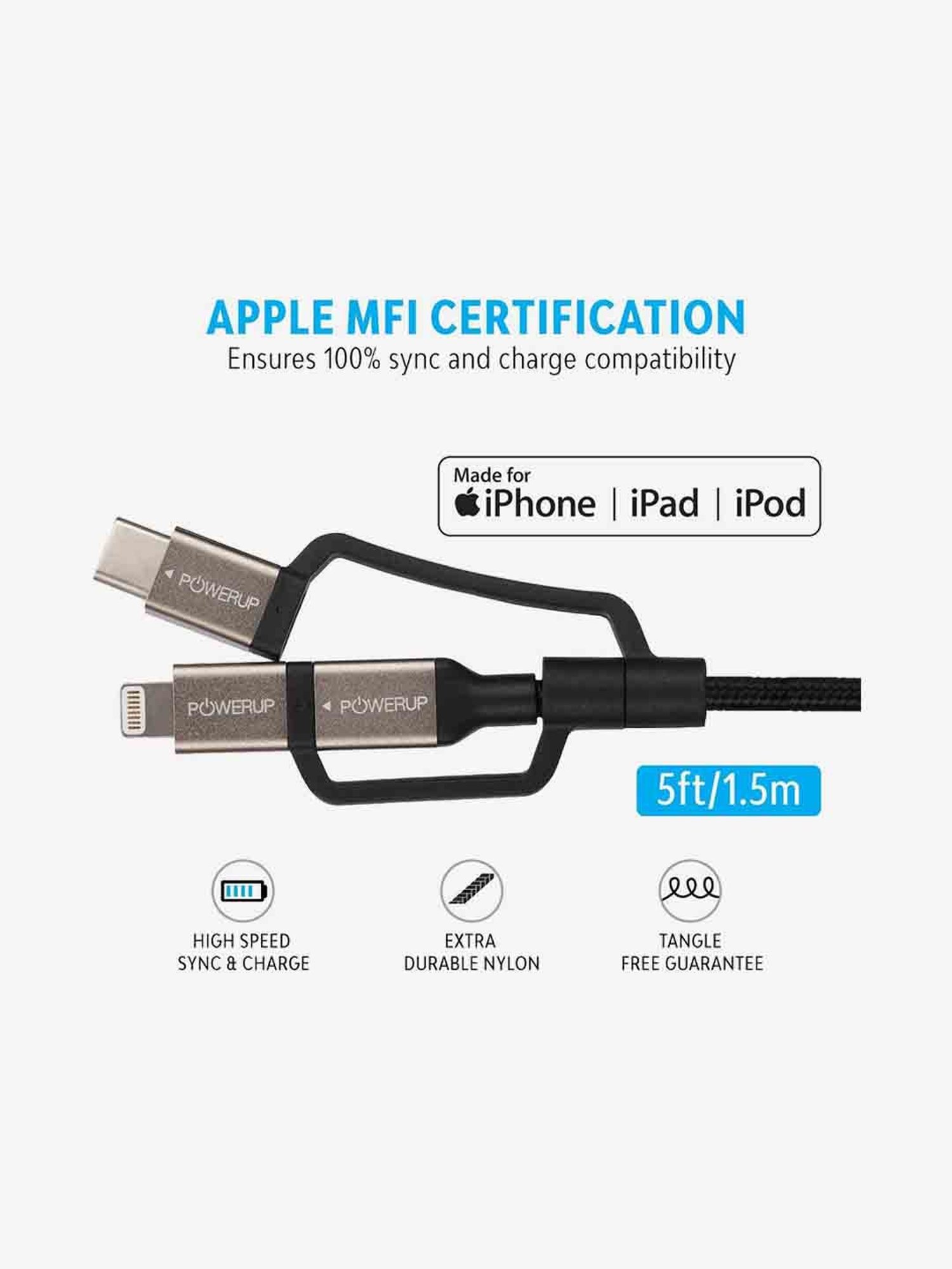 Powerup Stay Charged Usb To Lightning, Type C, Micro Apple Mfi Certified 1.5M (Black)
