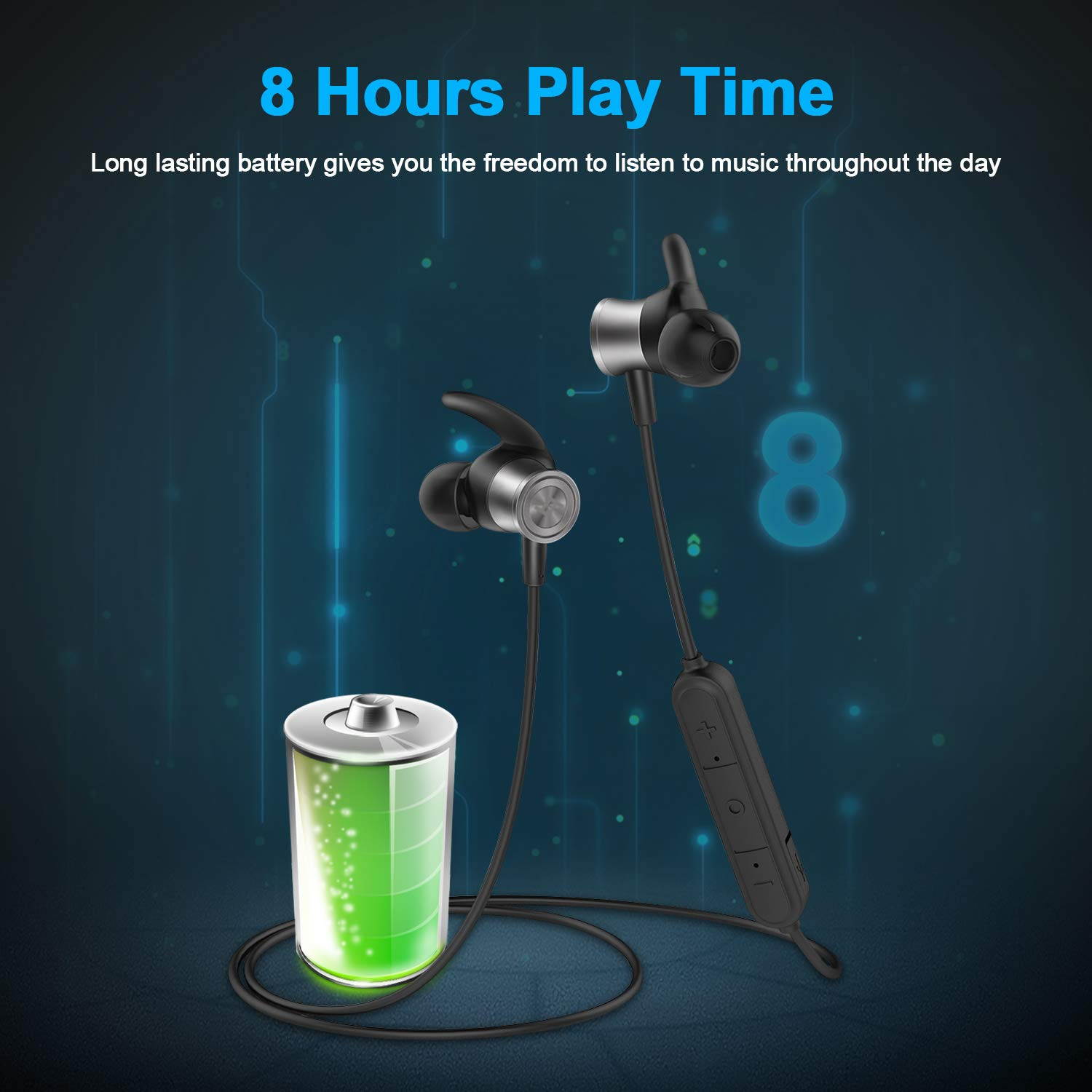 Bluetooth Headphones, Lightweight Wireless Earbuds with Magnetic Connection, IPX5 Water Resistant Bluetooth 5.0 Sports Earphones for Running, Built-in Mic, 8 Hrs Work Time Built-in magnets