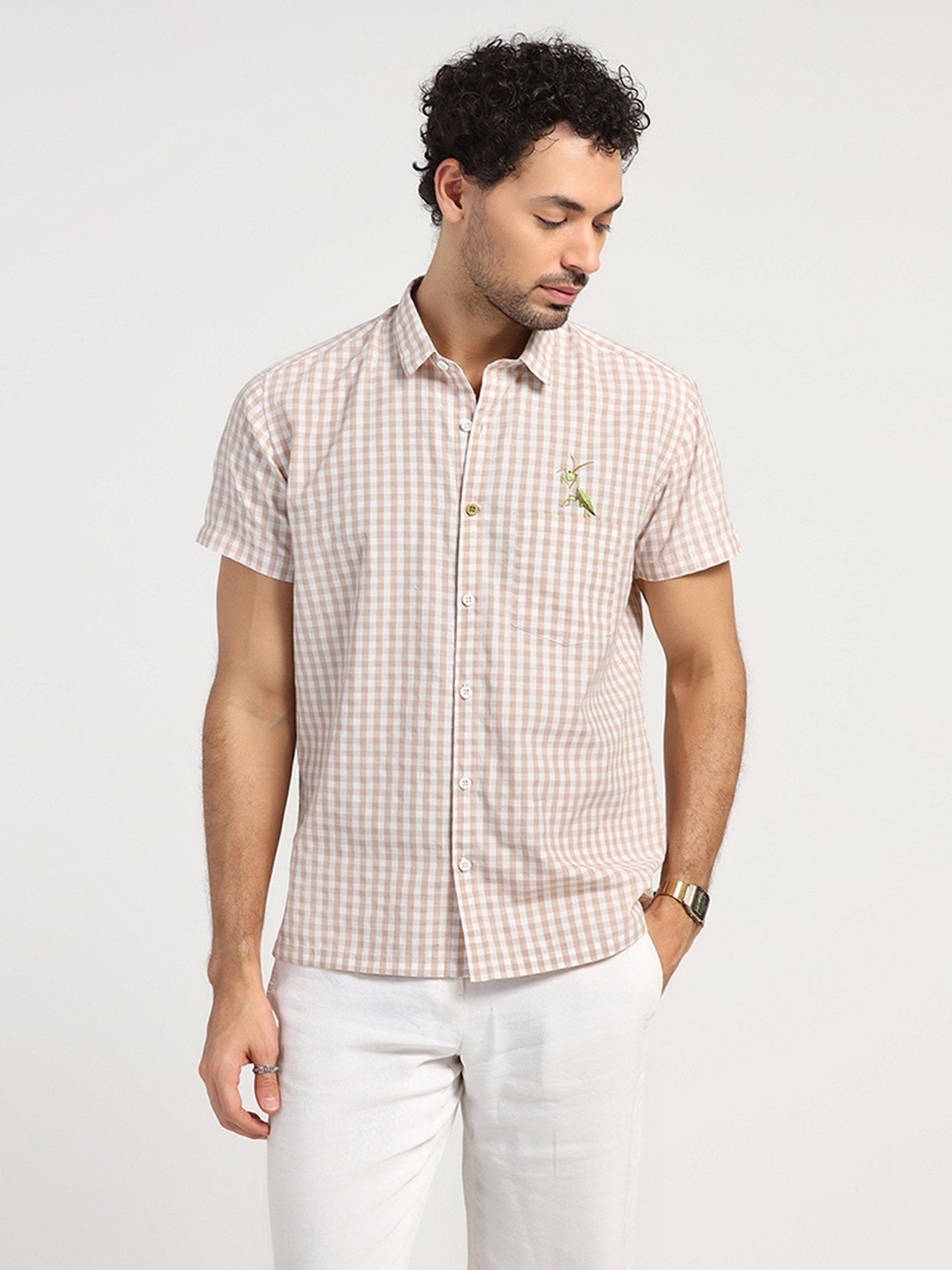 Lela Beige Regular Fit Embroidered Shirt