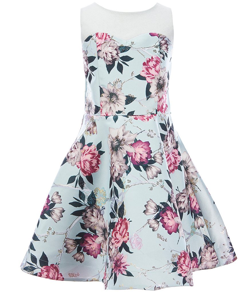 Rare Editions Big Girls 7-16 Illusion Floral Metallic Jacquard Fit-And-Flare Dress