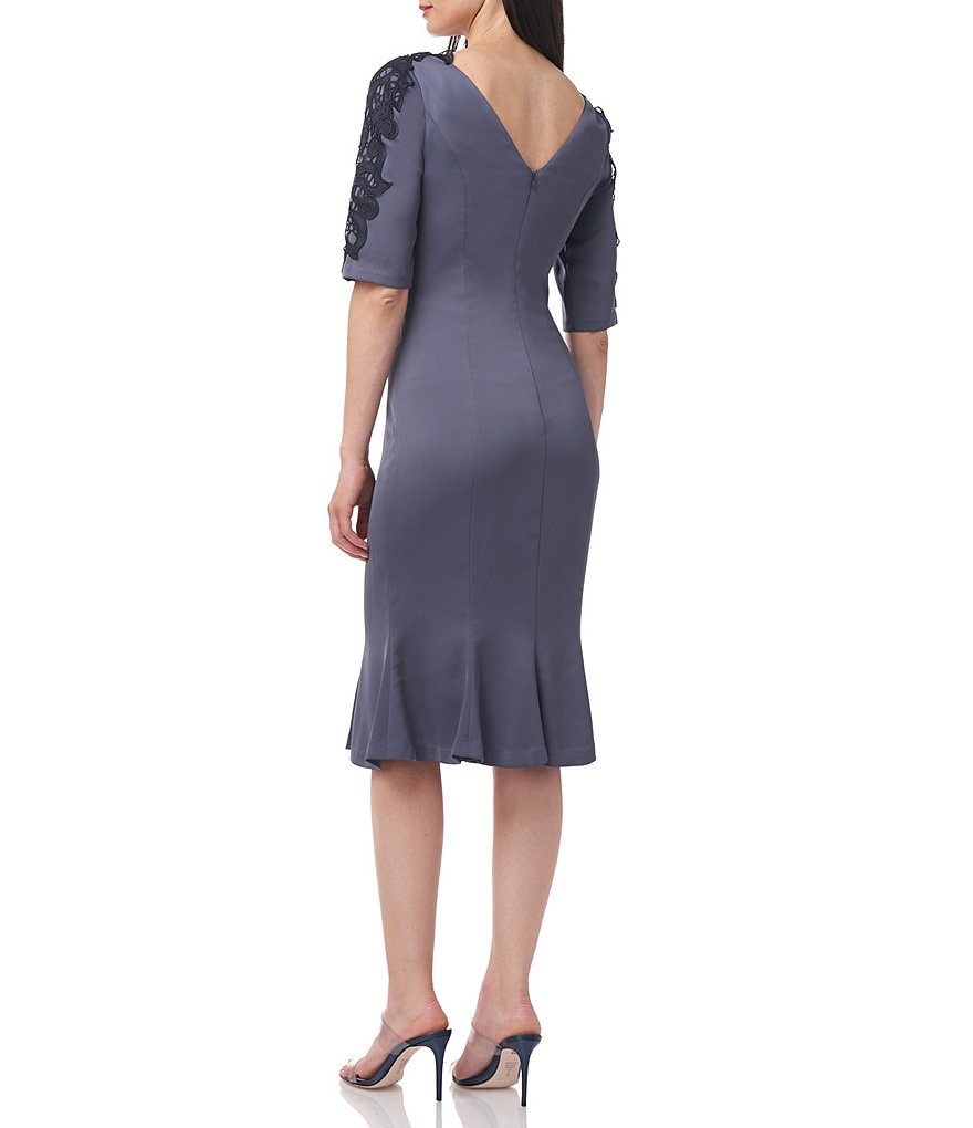 JS Collections V-Neck Embroidered 3/4 Sleeve Crepe Dress