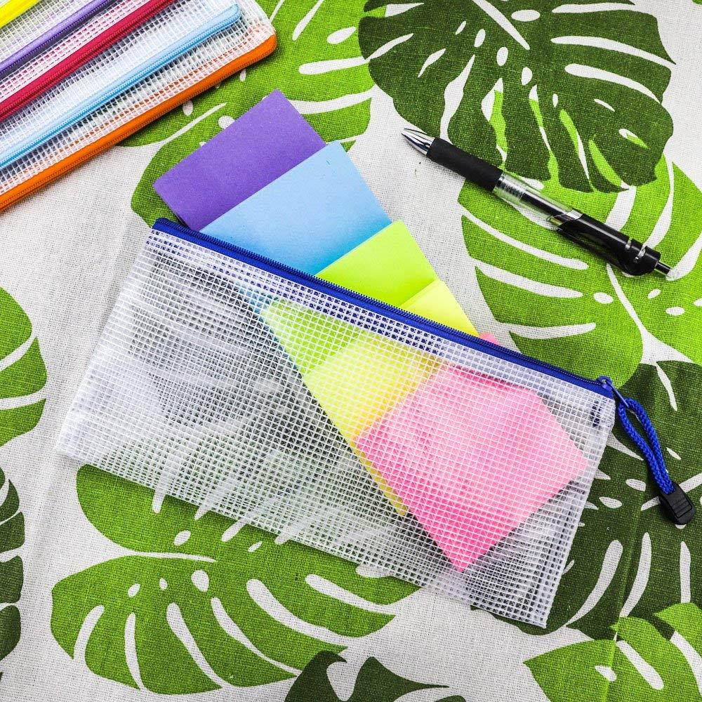 JPSOR Zipper File Bags, 16pcs 8 Color PVC Mesh Document Pouches Bills Bag Pencil Case, Office Supplies, Travel Storage Bags