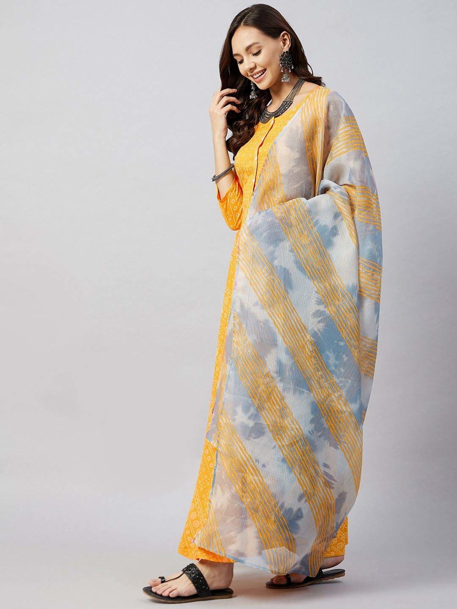 Inweave Grey & Yellow Cotton Printed Dupatta