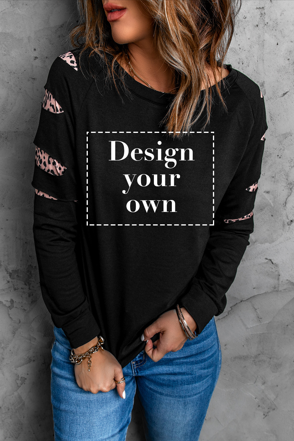 Blank Sweatshirt - Black Plaid Leopard Print Patchwork Long Sleeve Top Customized