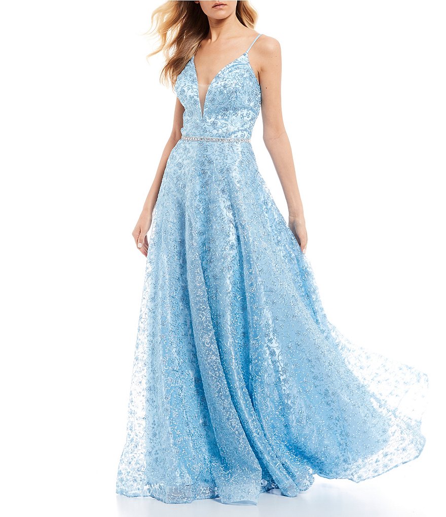 Coya Collection Spaghetti Strap V-Neck Embroidered Beaded-Waist Long Dress