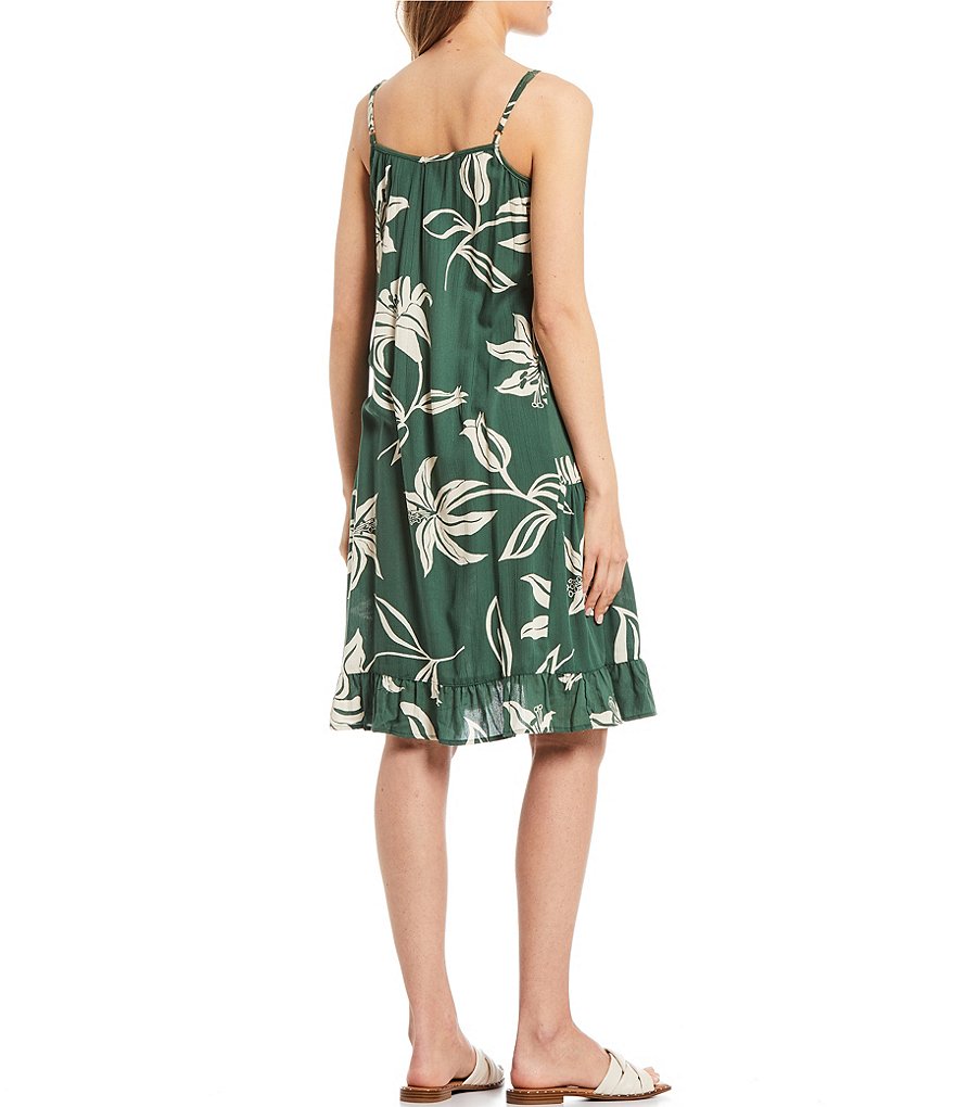 Angie Tropical Leaf Ruffle Asymmetric Hem Dress