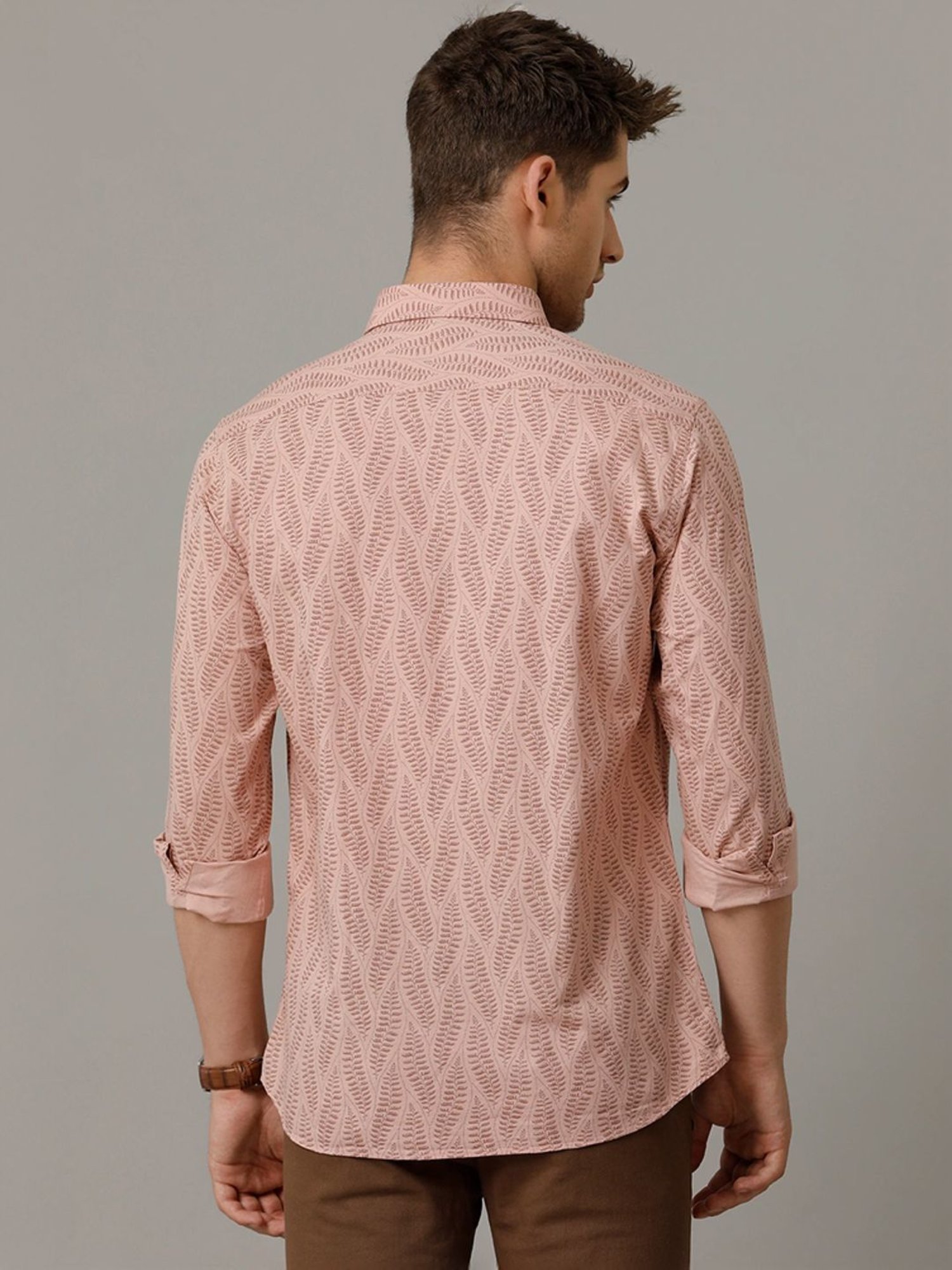 Cavallo By Linen Club Peach Linen Contemporary Fit Printed Shirt