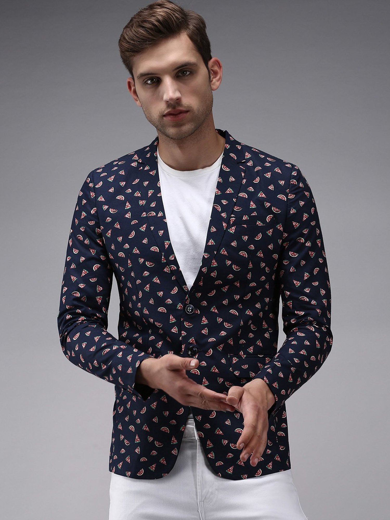 Showoff Navy Blue Cotton Regular Fit Printed Blazer