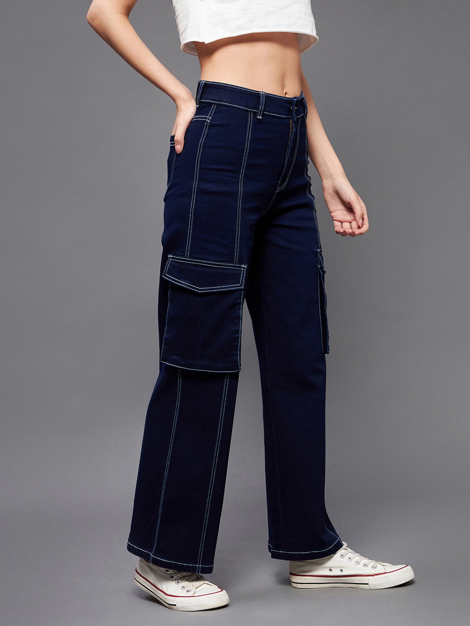 Miss Chase Dark Blue Denim Relaxed Fit High Rise Cargo Jeans