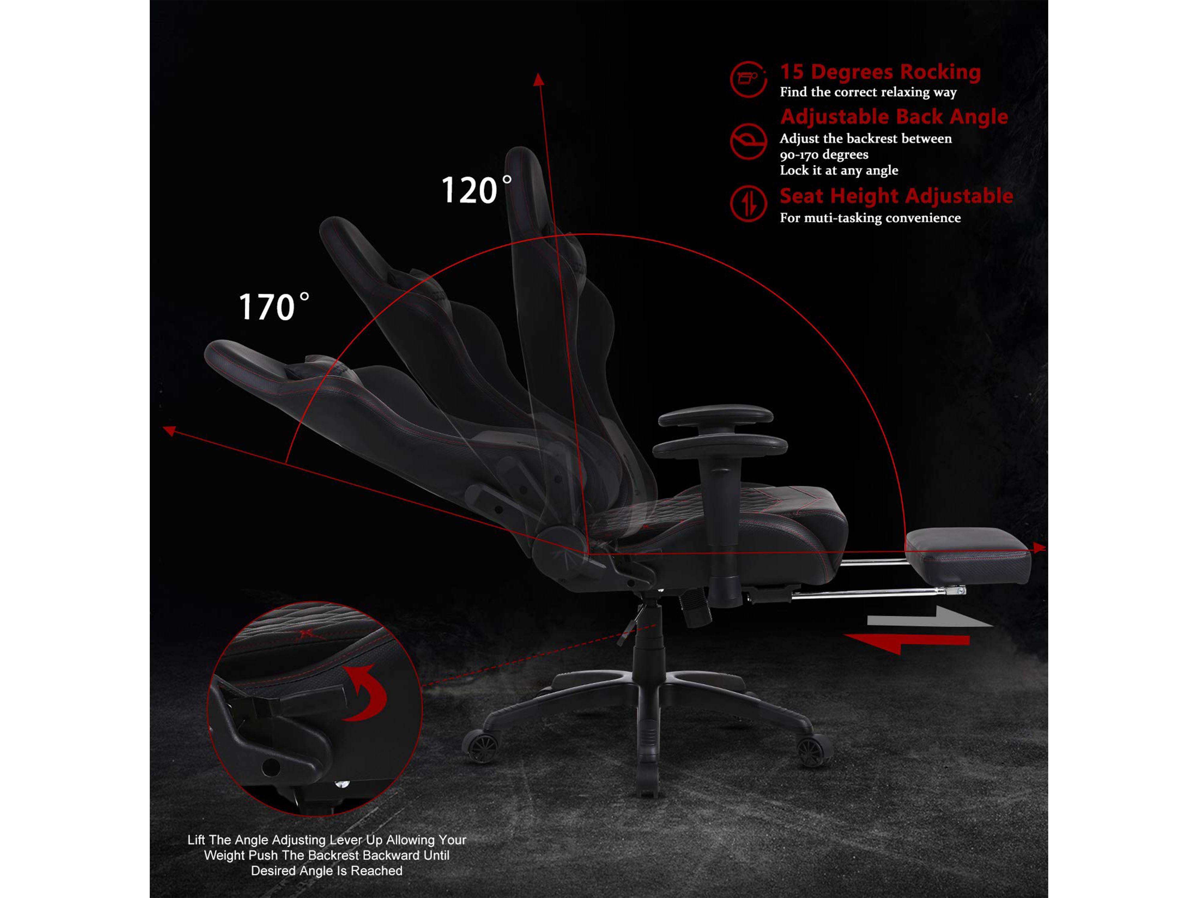 Dowinx Gaming Chair Ergonomic Retro Style Recliner with Massage Lumbar Support Office Armchair for Computer PU Leather with Retractable Footrest Grey