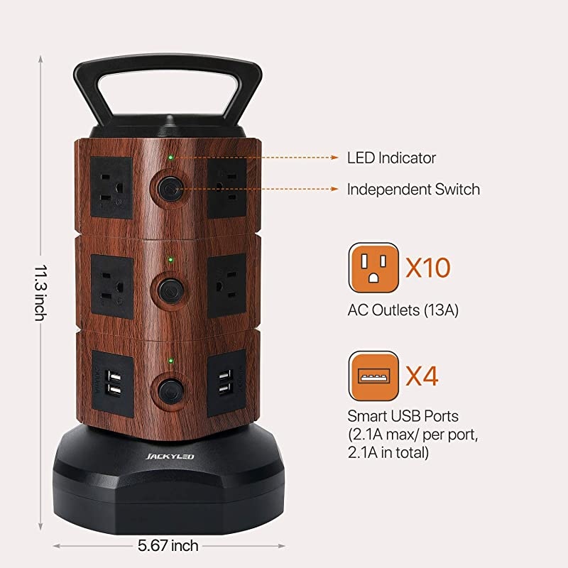 Power Strip Tower Surge Protector with 6.5ft Extension Cord 4 USB Ports and 10 AC Outlets Electric Charging Station for Home Office Dorm Desktop Computer Walnut and Black