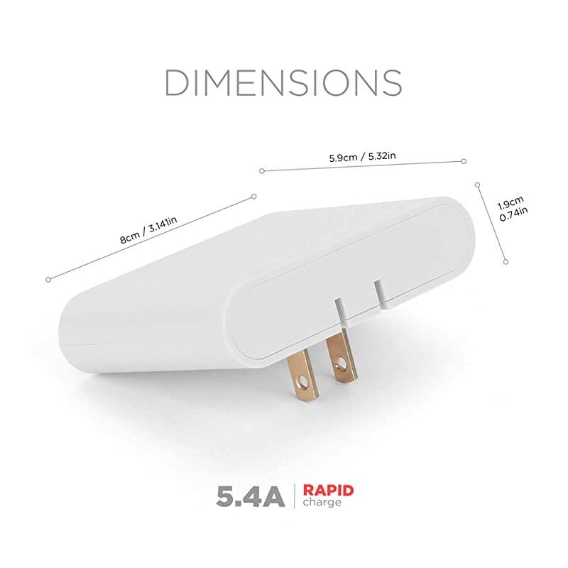 AC Pro 5.4 Amp 4-Port USB Wall Charger, Flat Foldable Plug for iPhone 12/12 Pro/12 Pro Max/ 11/11 Pro/11 Pro Max/Xs,/Xs Max/XR/X/8/Airpods, iPad, Samsung Galaxy Android & More, White