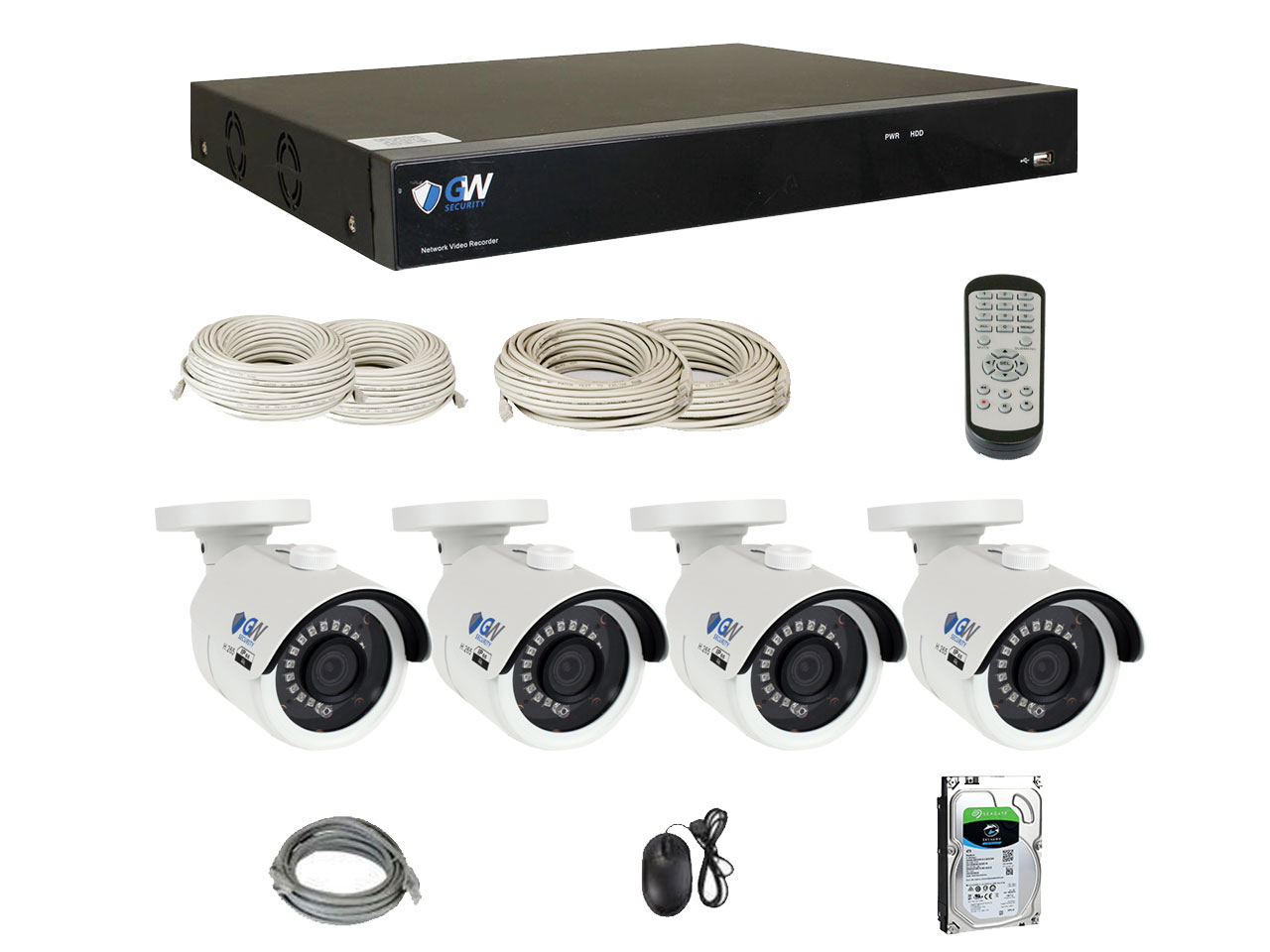 GW 4K Ultra HD 8MP PoE IP Camera Security System, 8-channel H.265 NVR UHD 4K Output, 4 x 4K 8 Megapixel WDR Weather Proof PoE IP Cameras, Smart Video Search Customizable Motion Detection, 2TB HDD